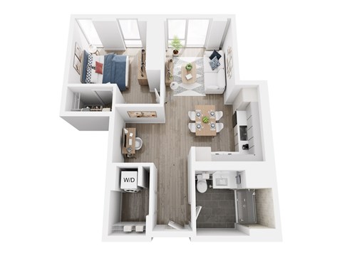 A top down view of a small apartment with a kitchen, living room, and bathroom.
